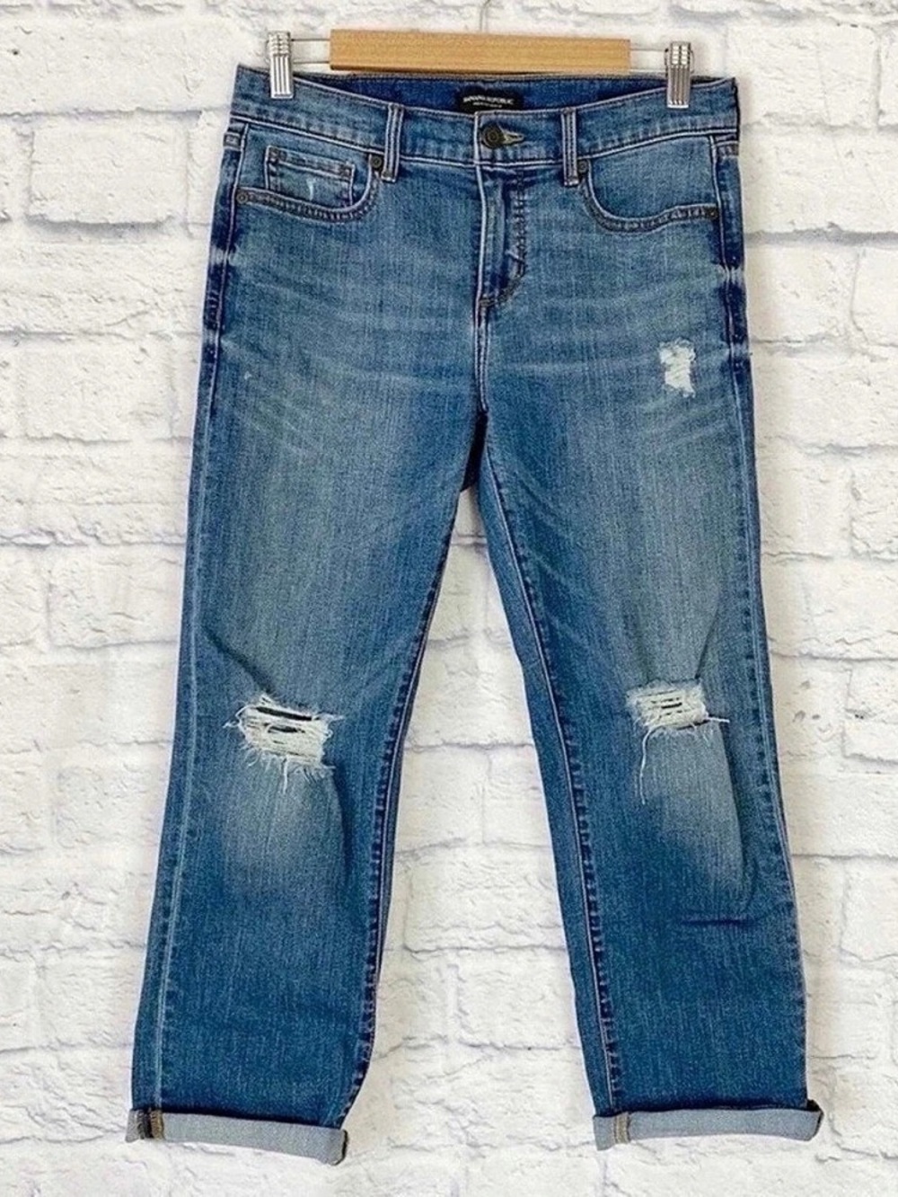 Banana Republic Girlfriend Jeans 30 Distressed Cropped Stretch Denim Medium Wash
